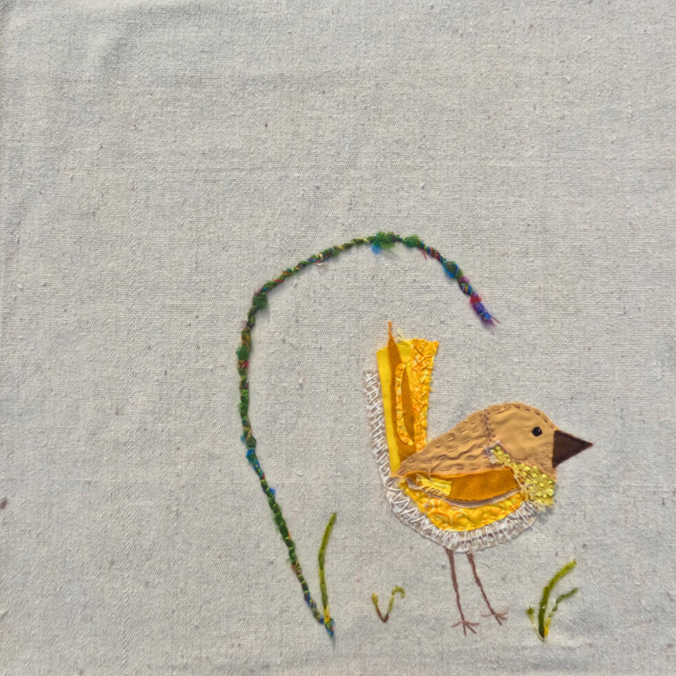 slow stitched wren on recycled canvas